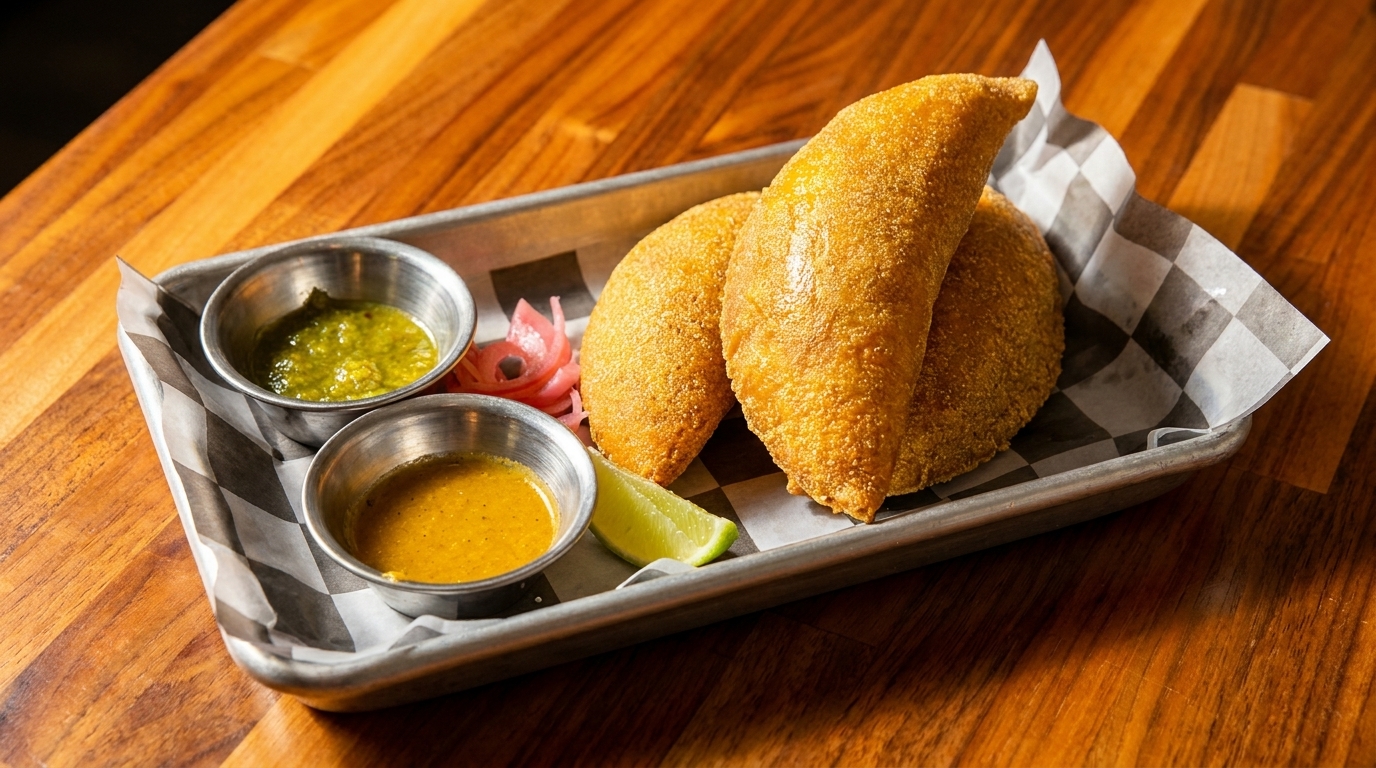 Two golden-brown empanadas on a metal tray with green and yellow sauces, pickled onions, and a lime wedge.