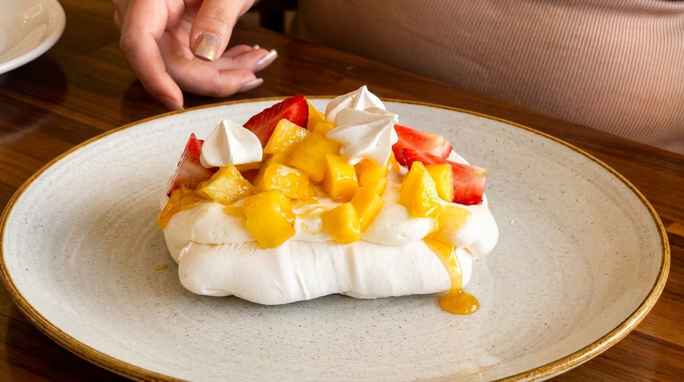 Pavlova dessert with whipped cream, mango, strawberries, and meringue on a white plate.