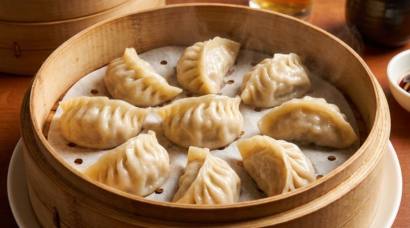 Steaming bamboo basket filled with freshly prepared dumplings on a white plate, with a drink in the background.