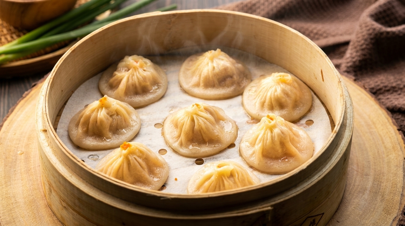 Steaming soup dumplings (xiao long bao) in a bamboo steamer, with green onions in the background.
