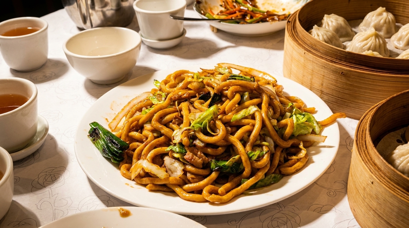 A plate of stir-fried noodles with cabbage and onions, alongside dim sum and tea cups.