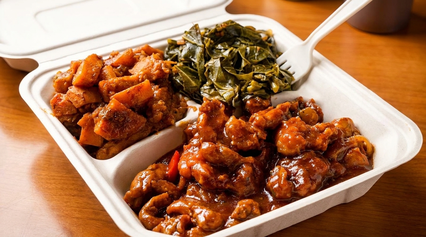 A takeout container with sweet potatoes, collard greens, and saucy chicken on a wooden table.