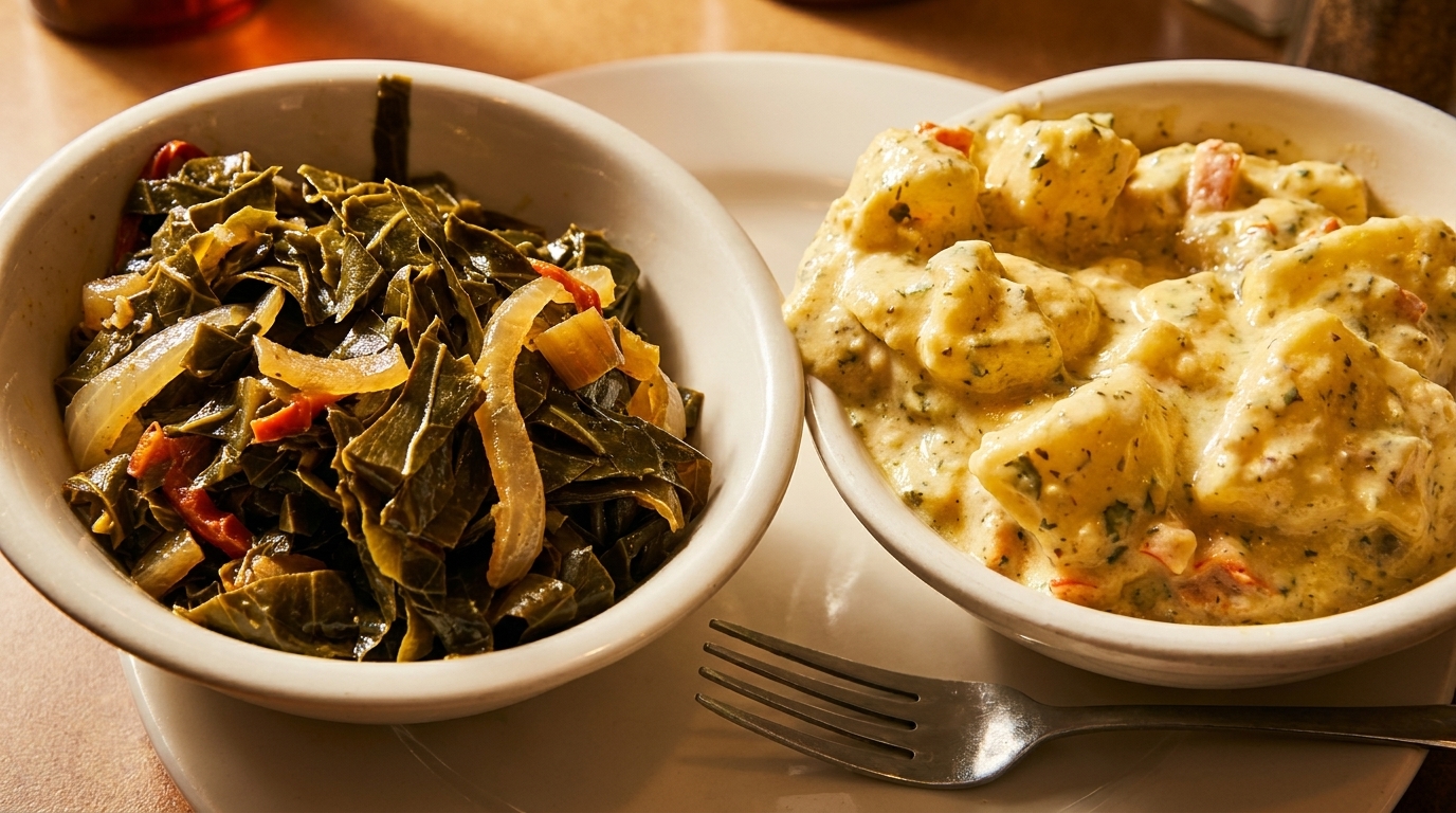 Two bowls of food, one with collard greens and onions, the other with creamy potato salad.