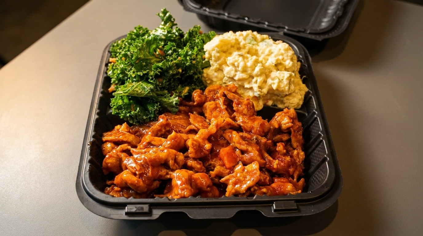 A takeout container with orange chicken, a side of kale, and potato salad.