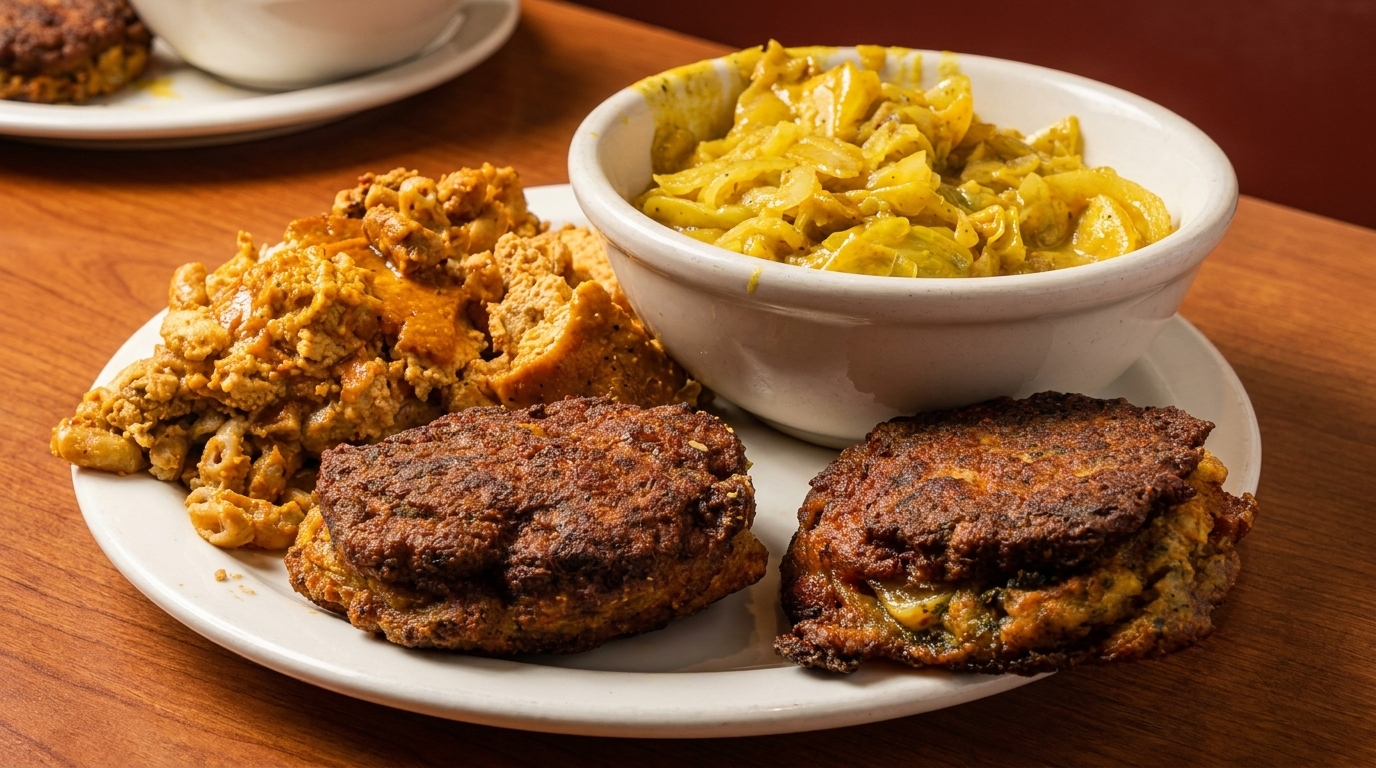 A plate of fried patties, macaroni and cheese, and a bowl of stewed cabbage on a wooden table.