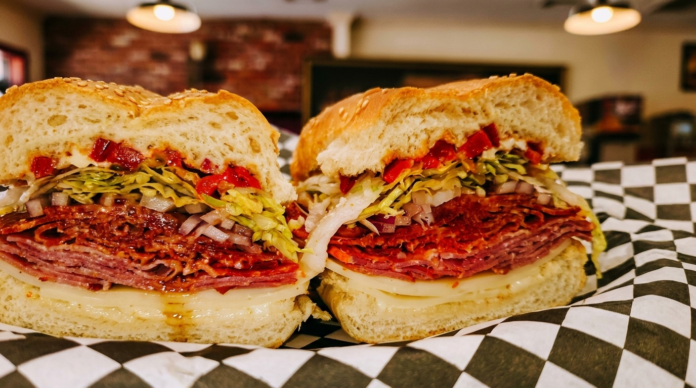 A large deli sandwich, cut in half, filled with meats, cheese, lettuce, onions, and peppers.