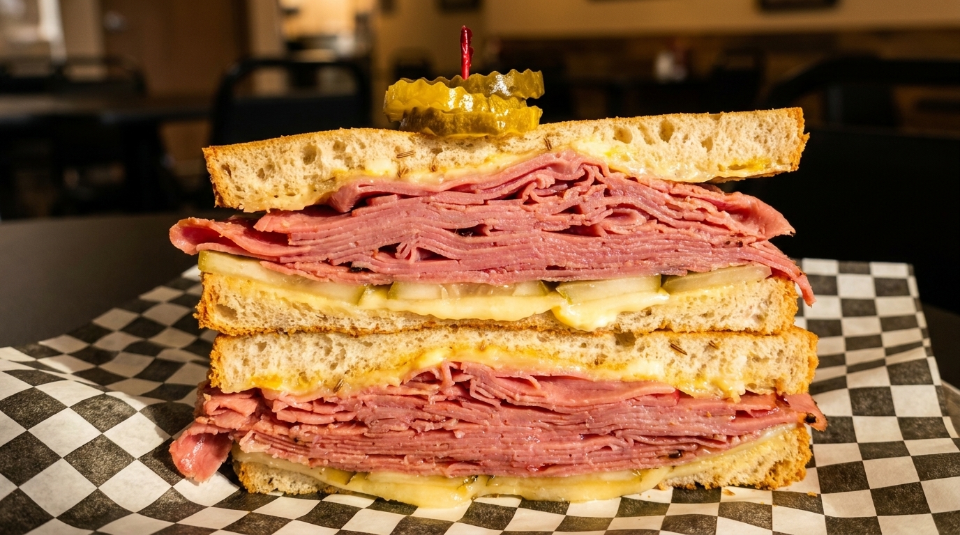Tall pastrami sandwich with melted cheese and pickles on toasted bread, served on checkered paper.