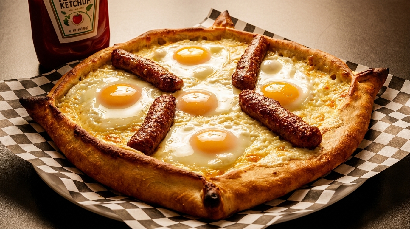 Breakfast pizza with five fried eggs and five sausage links, served on checkered paper with ketchup.