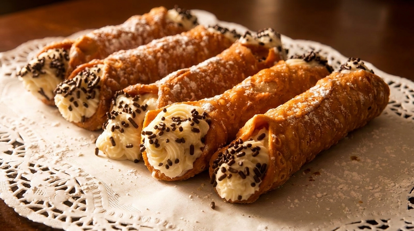 Five cannoli with cream filling and chocolate sprinkles on a white doily.