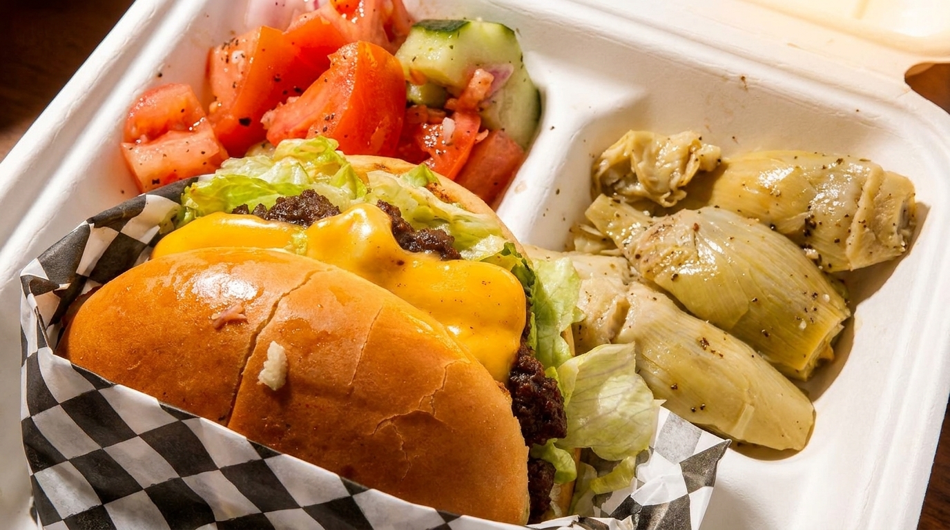 Cheeseburger with lettuce, tomato salad, and artichoke hearts in a white takeout container.
