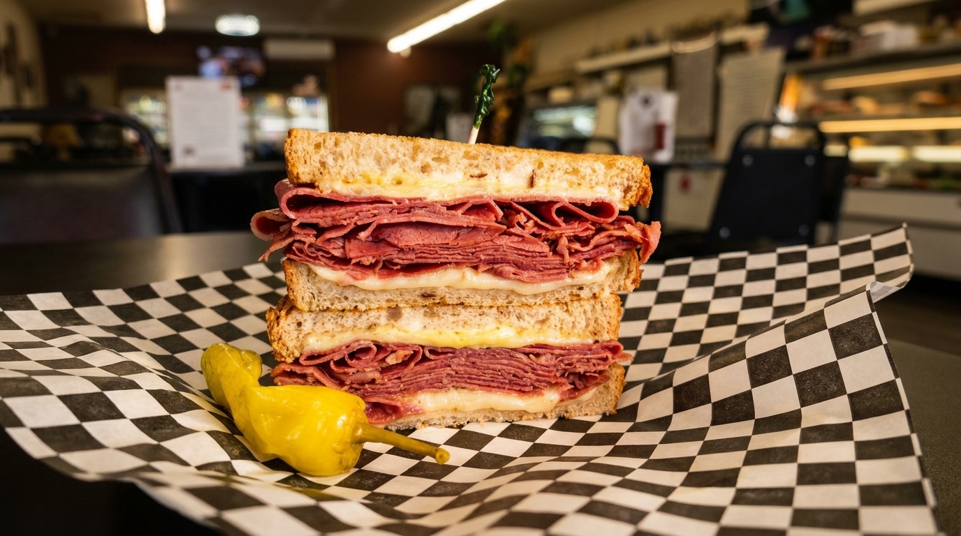 A large pastrami and cheese sandwich on toasted bread with a yellow pepper on checkered paper.
