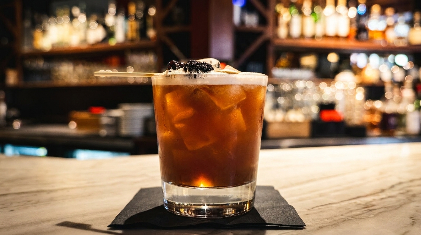 A dark cocktail with ice, foam, and blackberries sits on a bar with bottles in the background.
