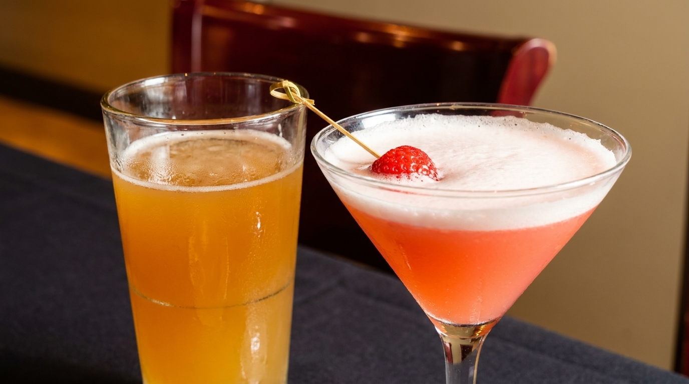 A tall glass of beer next to a pink martini with a strawberry garnish on a dark tablecloth.