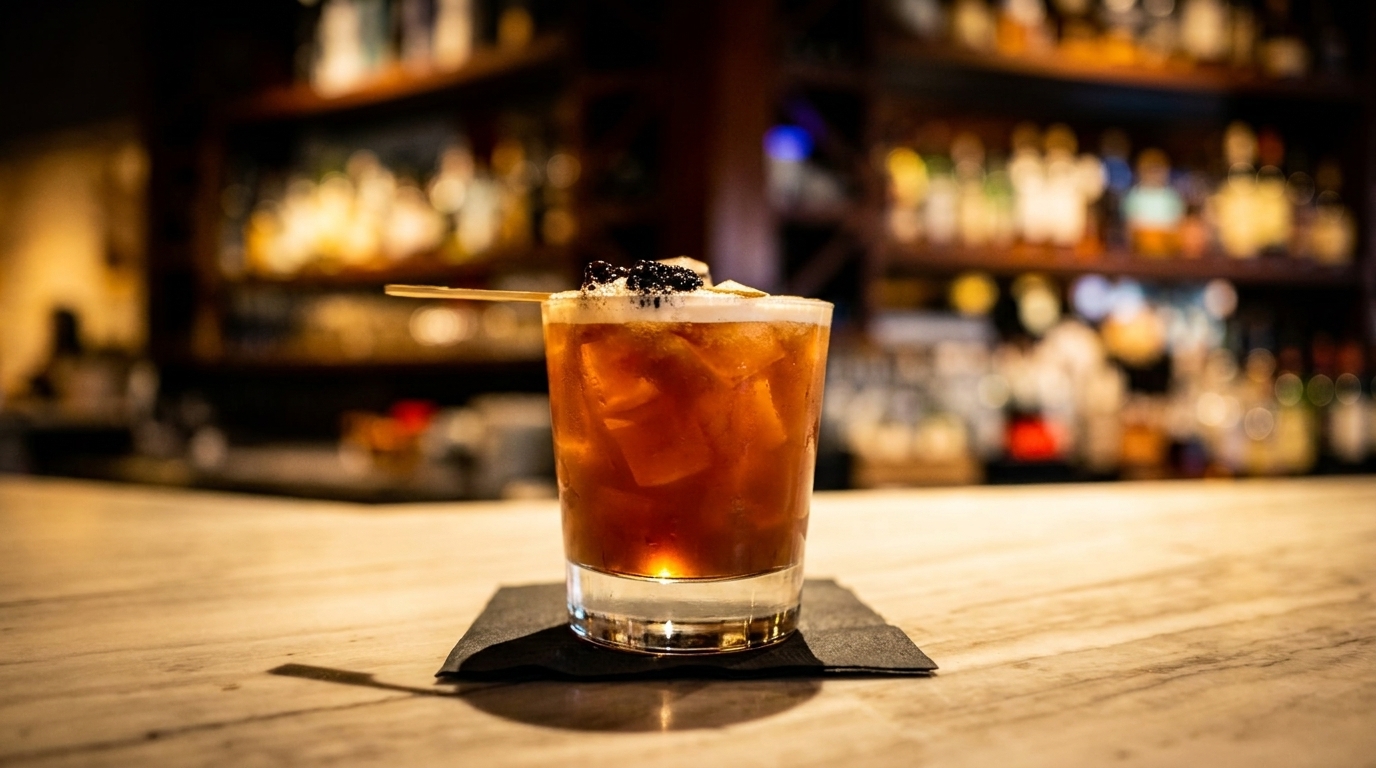 A dark cocktail with ice, topped with foam and blackberries, on a bar with blurred bottles.