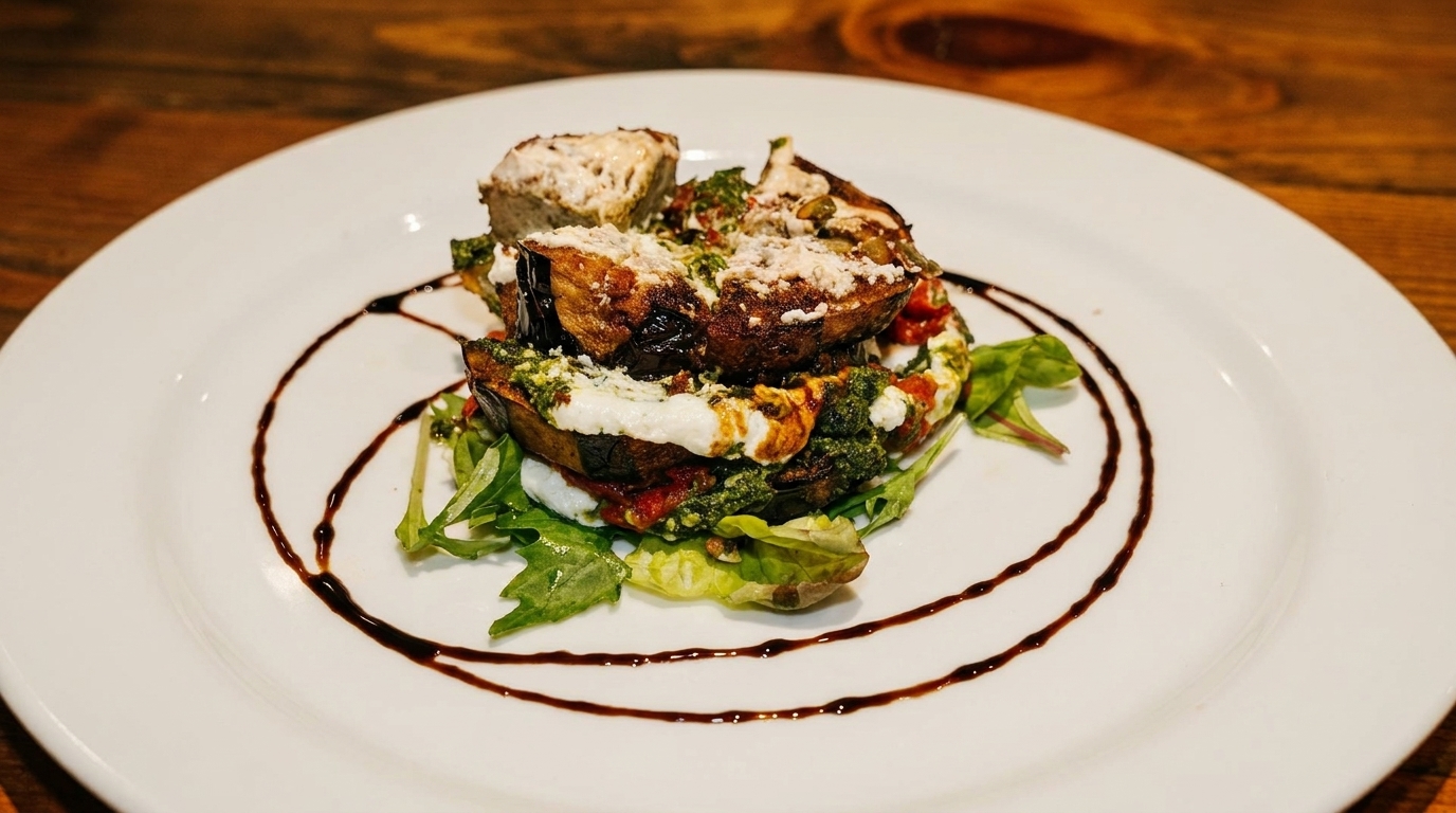 Stacked eggplant parmesan with pesto, cheese, and balsamic glaze on a white plate.