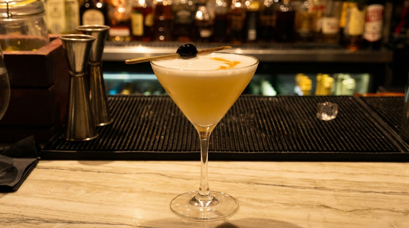 A martini glass with a frothy yellow cocktail, garnished with a cherry, on a bar.