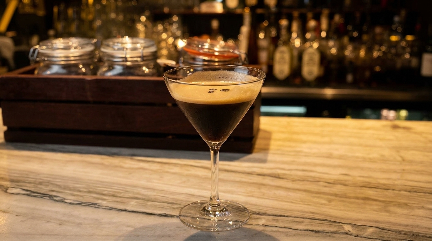 Espresso martini with coffee beans on top, on a marble bar with bottles in the background.