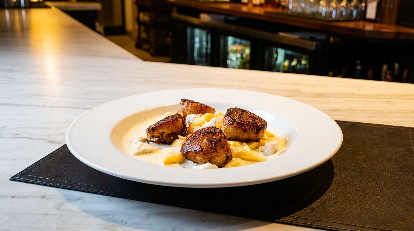 Seared scallops with pasta in a creamy sauce, served on a white plate at a bar.