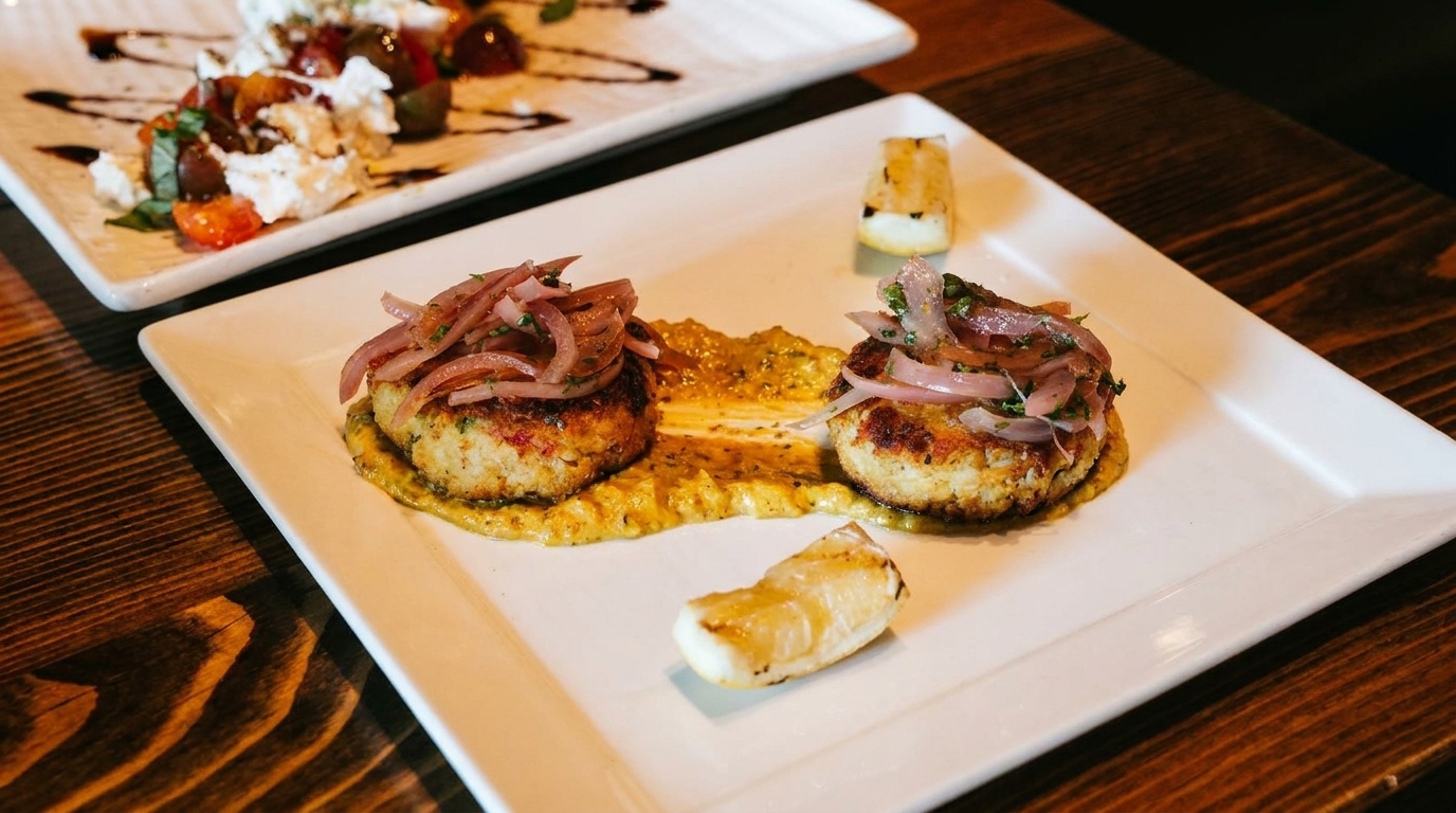 Two crab cakes with pickled red onions and sauce, with another dish in the background.