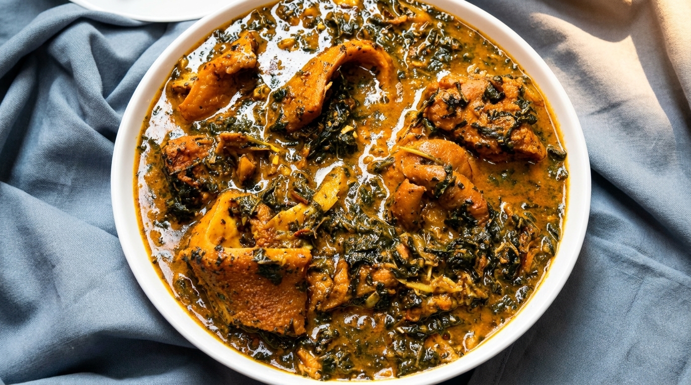 A close-up of a white bowl filled with a rich, green, and orange stew with meat.