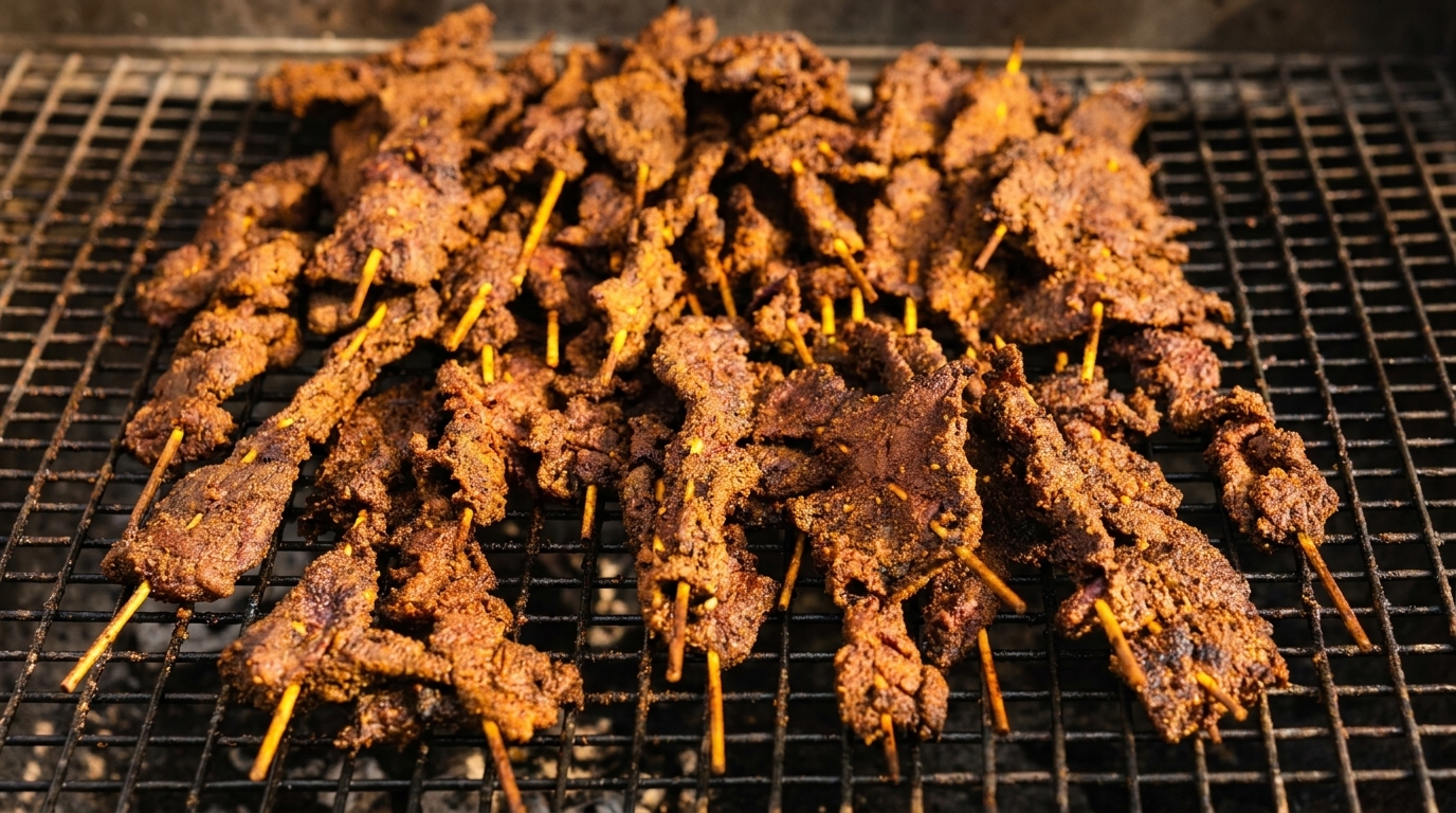 Numerous skewers of seasoned meat, possibly beef suya, cooking on a dark metal grill.