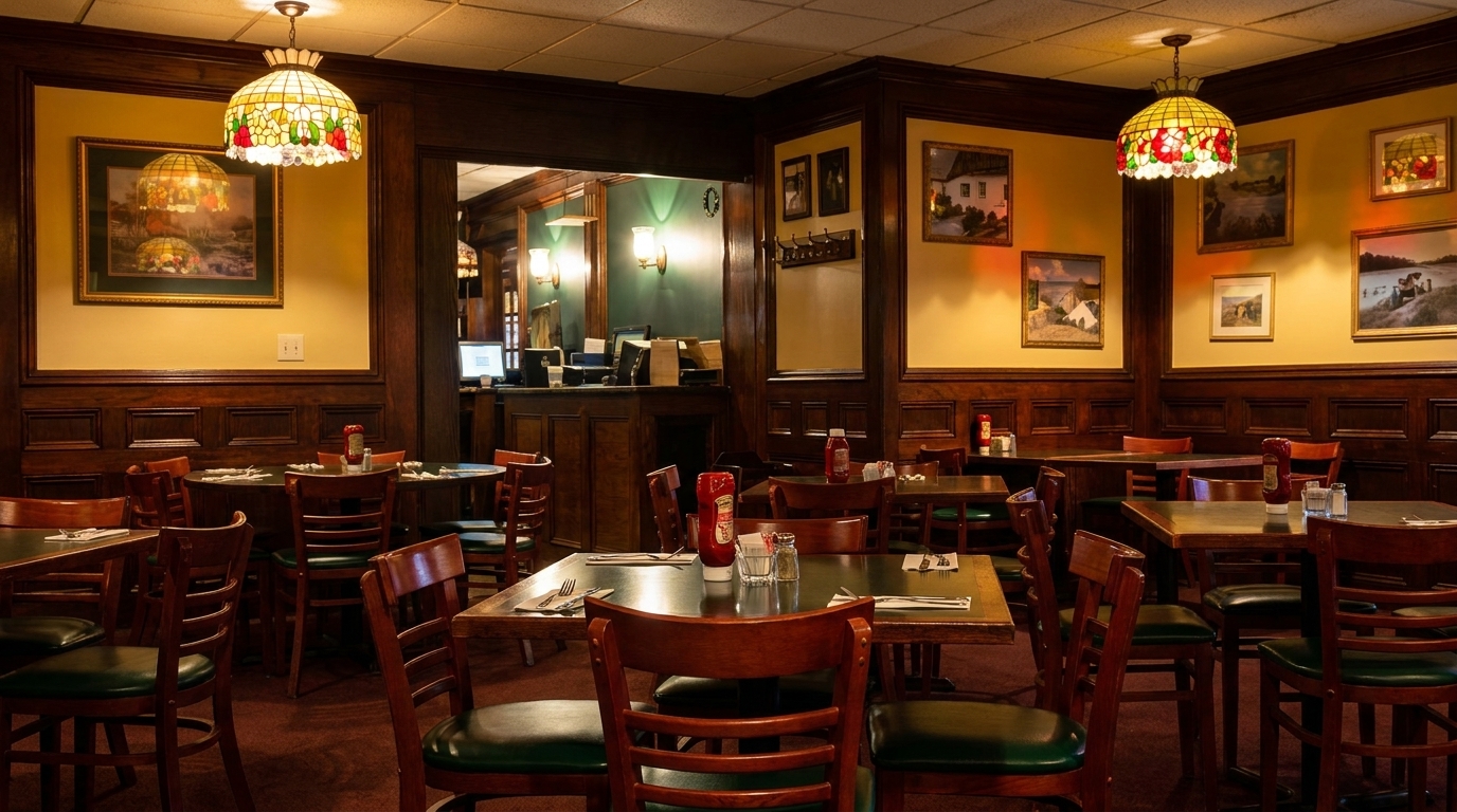 A cozy restaurant dining room with wooden tables, green chairs, and stained-glass lamps.