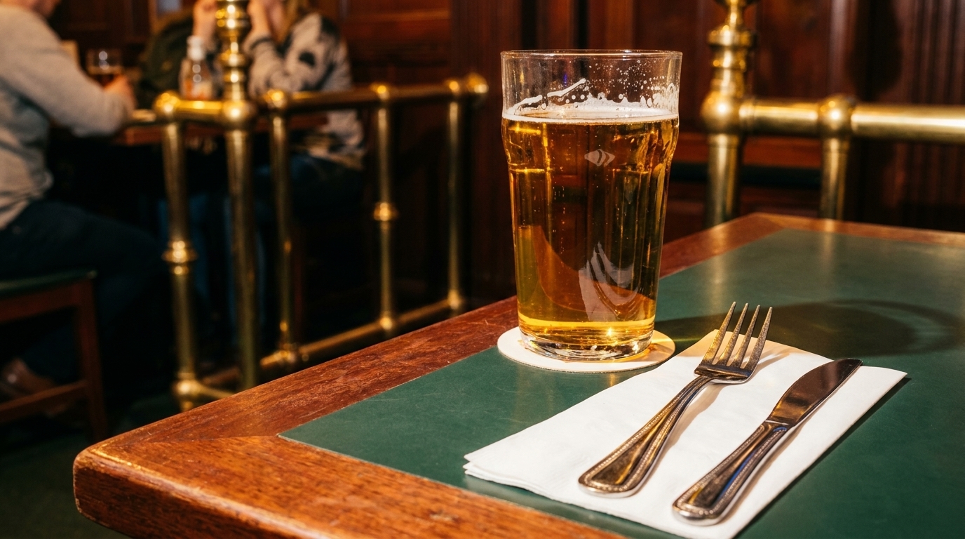 A pint of beer and cutlery on a green-topped wooden table in a dimly lit pub.