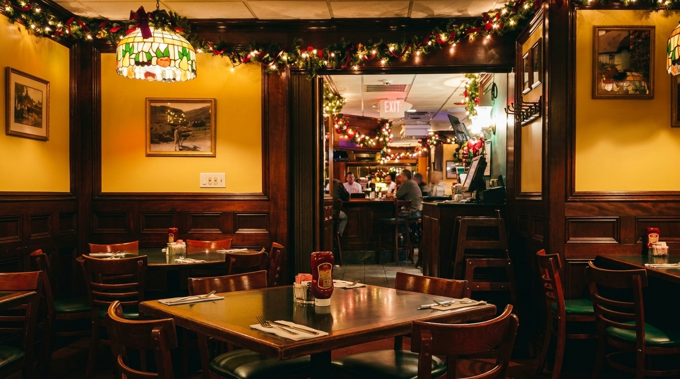 A cozy restaurant dining room with festive garland, wooden tables, and a view into a lively bar area.