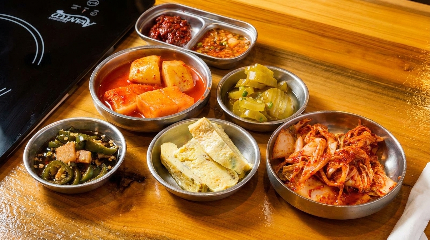 Assortment of Korean banchan side dishes including kimchi, pickled radishes, and egg rolls on a wooden table.