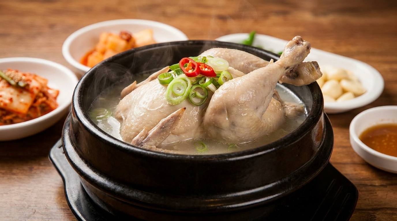 Steaming whole chicken soup, Samgyetang, garnished with red chilies and green onions, with side dishes.