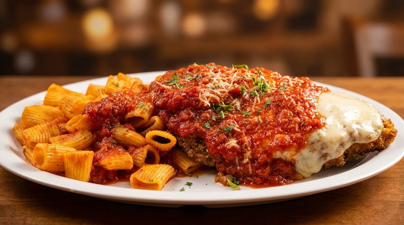 Chicken parmesan with rigatoni pasta, red sauce, melted cheese, and parsley on a white plate.