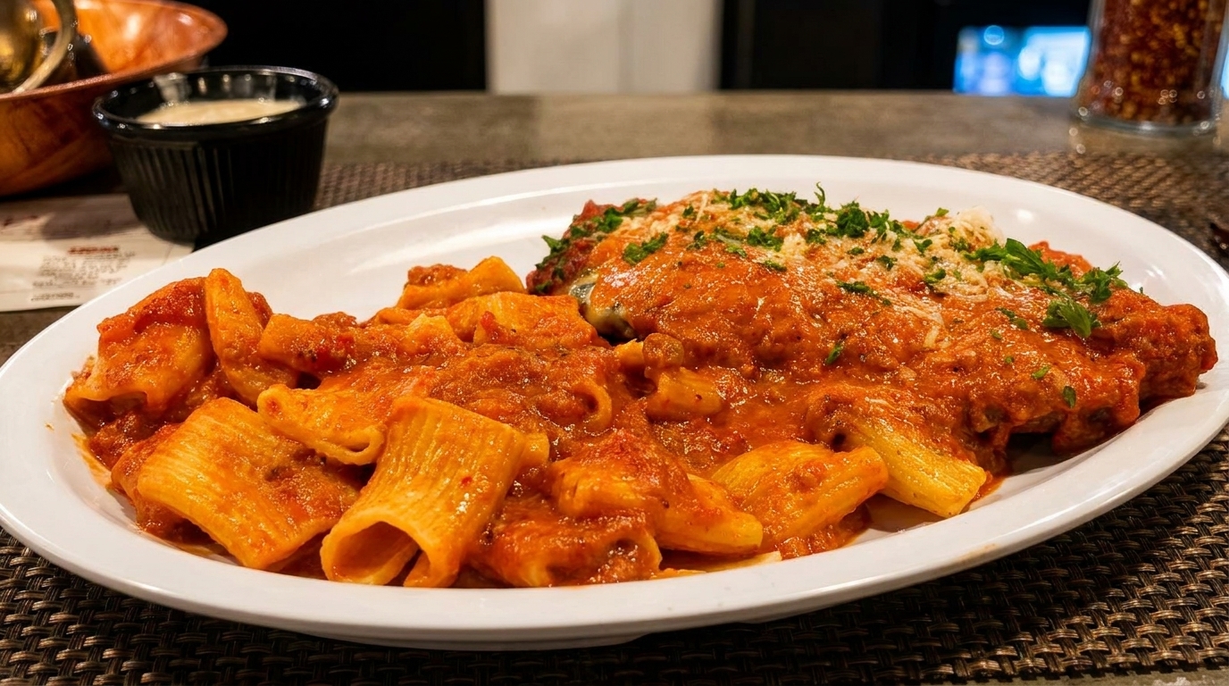 A white plate holds rigatoni pasta with red sauce and a side of chicken parmesan.