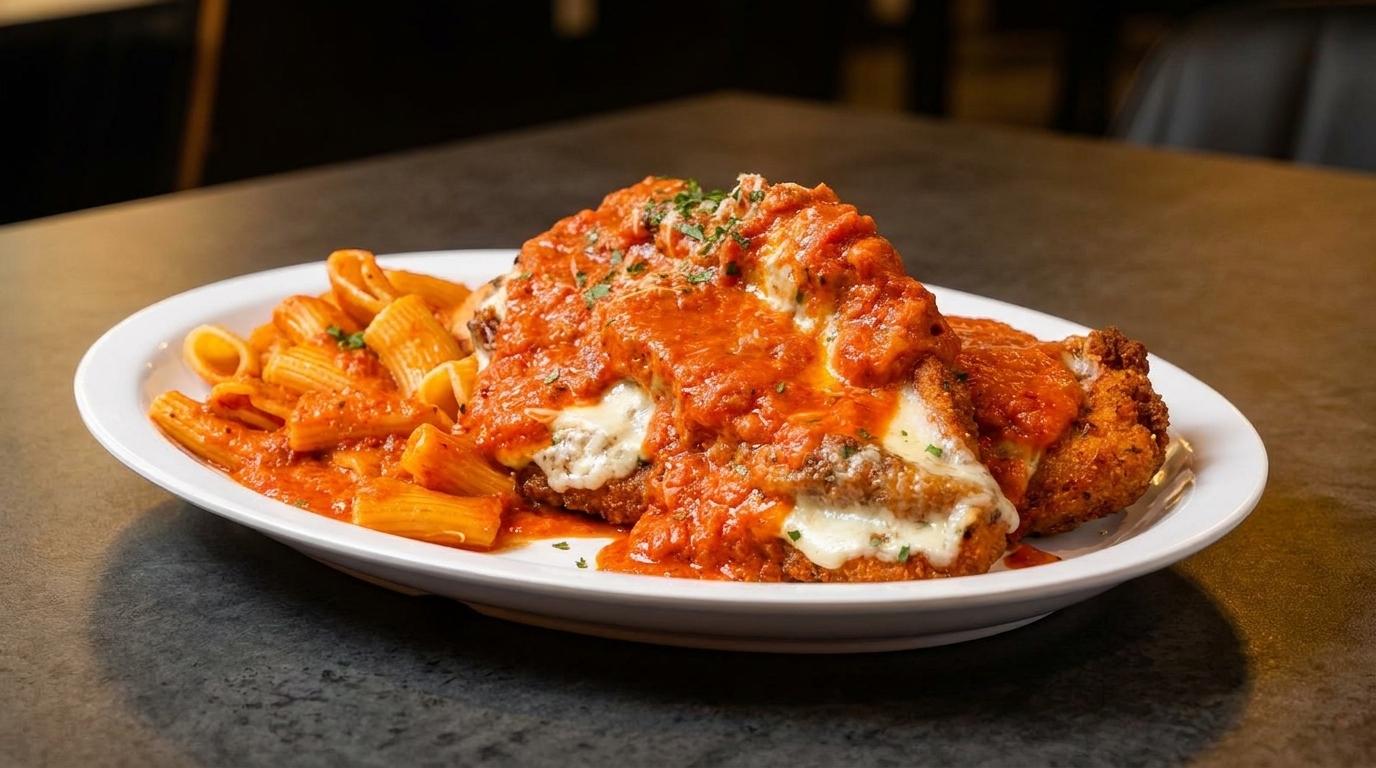 Chicken parmesan with rigatoni pasta and red sauce on a white plate.