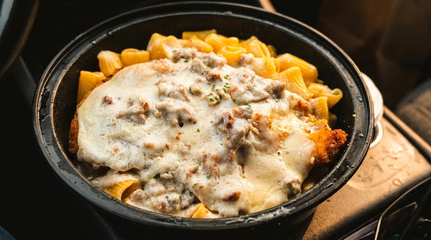 Close-up of a black bowl filled with pasta, melted cheese, and sausage in a creamy sauce.