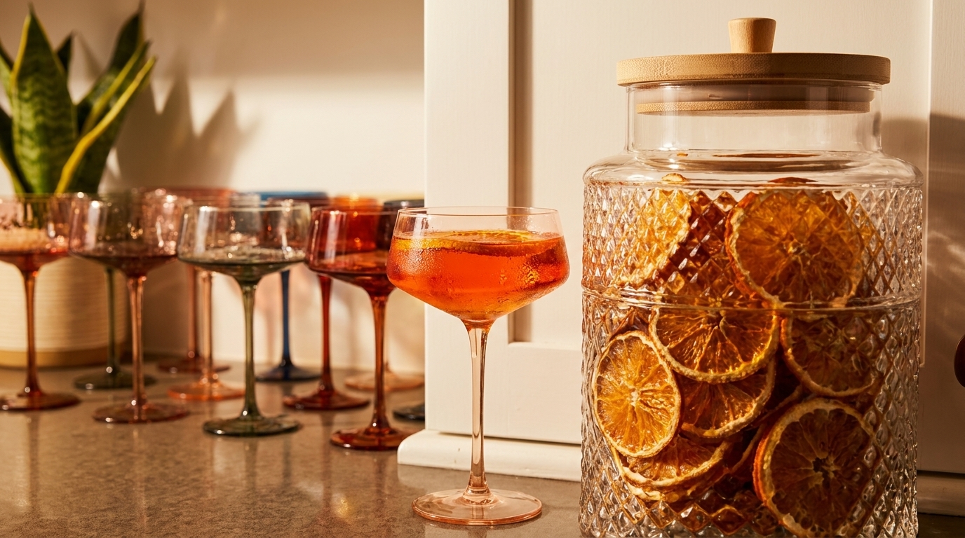 A vibrant orange cocktail in a coupe glass, with a jar of dried orange slices and colorful glasses behind it.