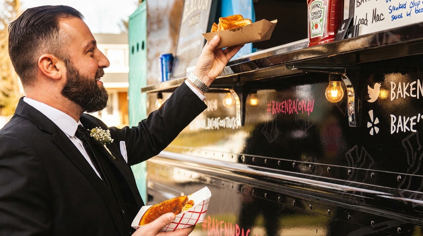 Man in a suit smiles while receiving food from a black food truck.