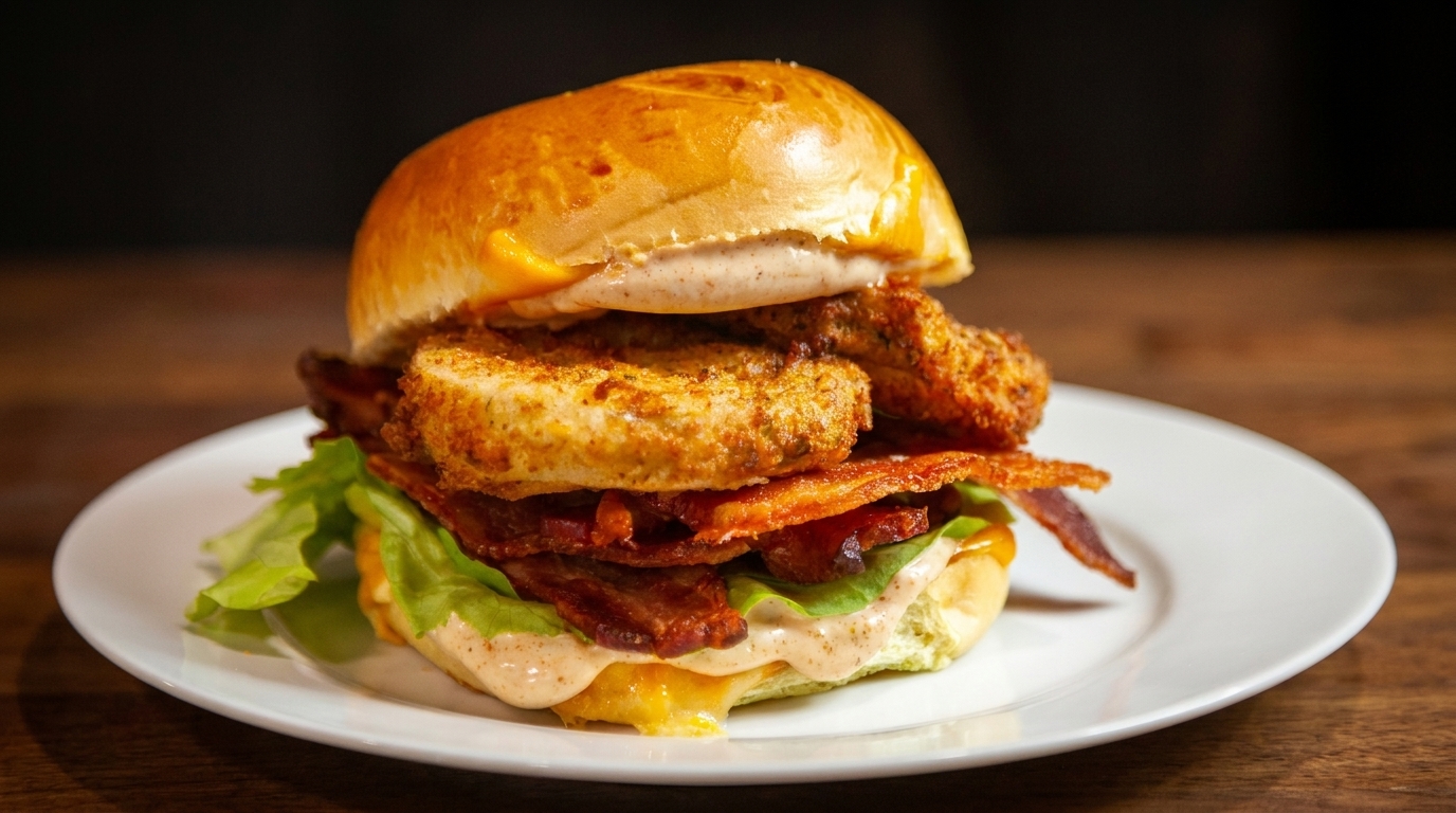 Crispy chicken sandwich with bacon, lettuce, cheese, and sauce on a white plate.