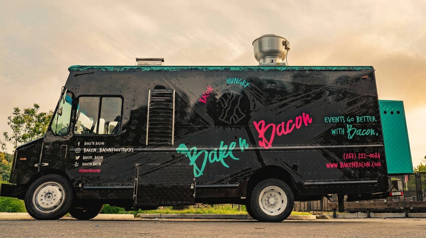 Black "Bake'n Bacon" food truck with pink and teal lettering parked outdoors under a cloudy sky.