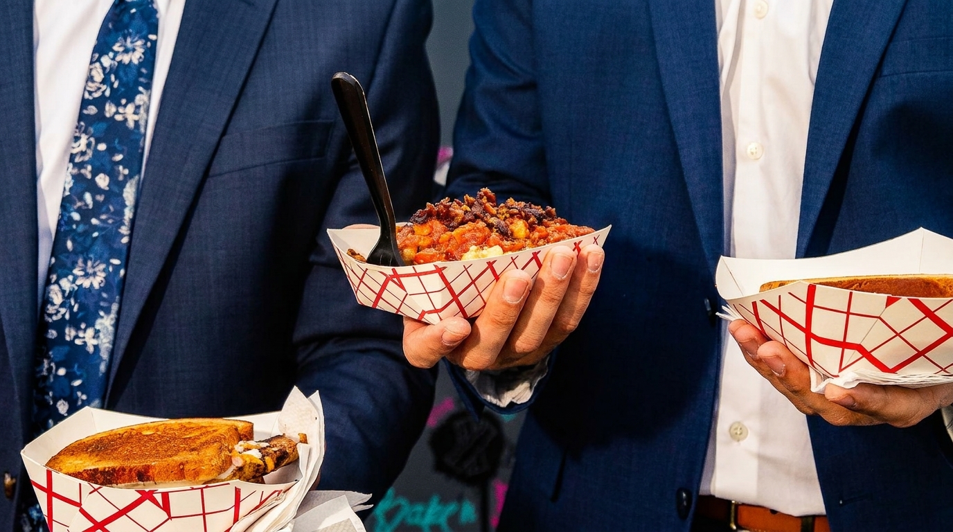 Two men in suits holding paper trays with chili and a grilled cheese sandwich.