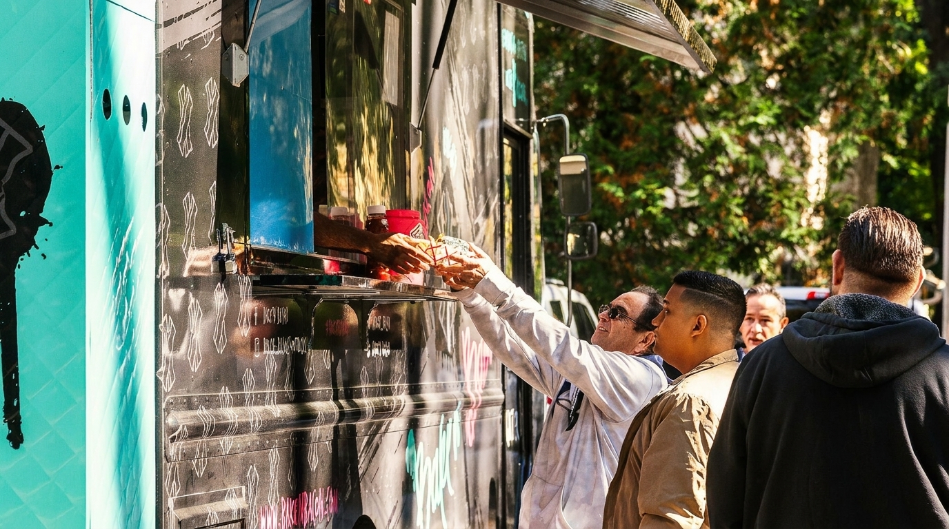 A customer in sunglasses receives food from a food truck vendor on a sunny day.