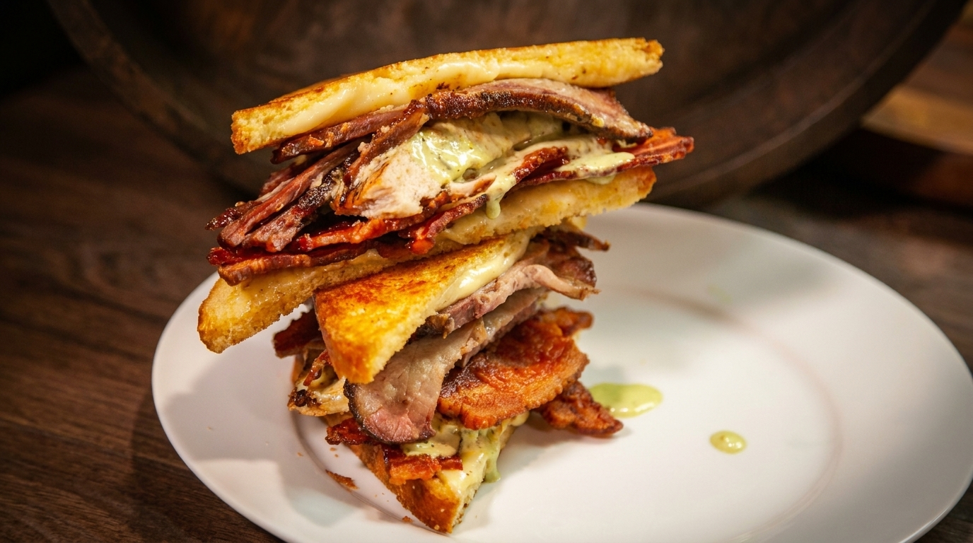 A towering sandwich with toasted bread, bacon, meat, and a creamy green sauce on a white plate.