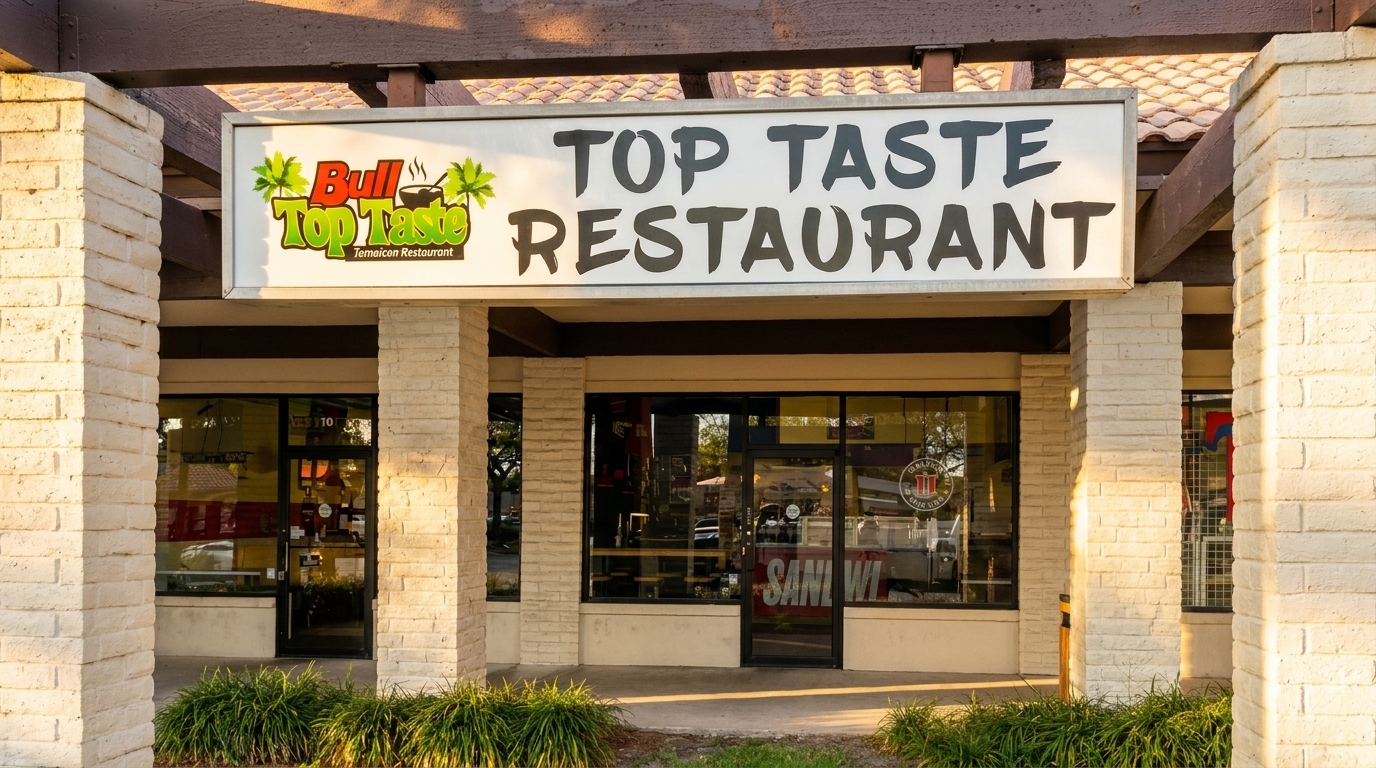 Exterior view of Top Taste Restaurant, a Jamaican eatery with a white sign and brick columns.