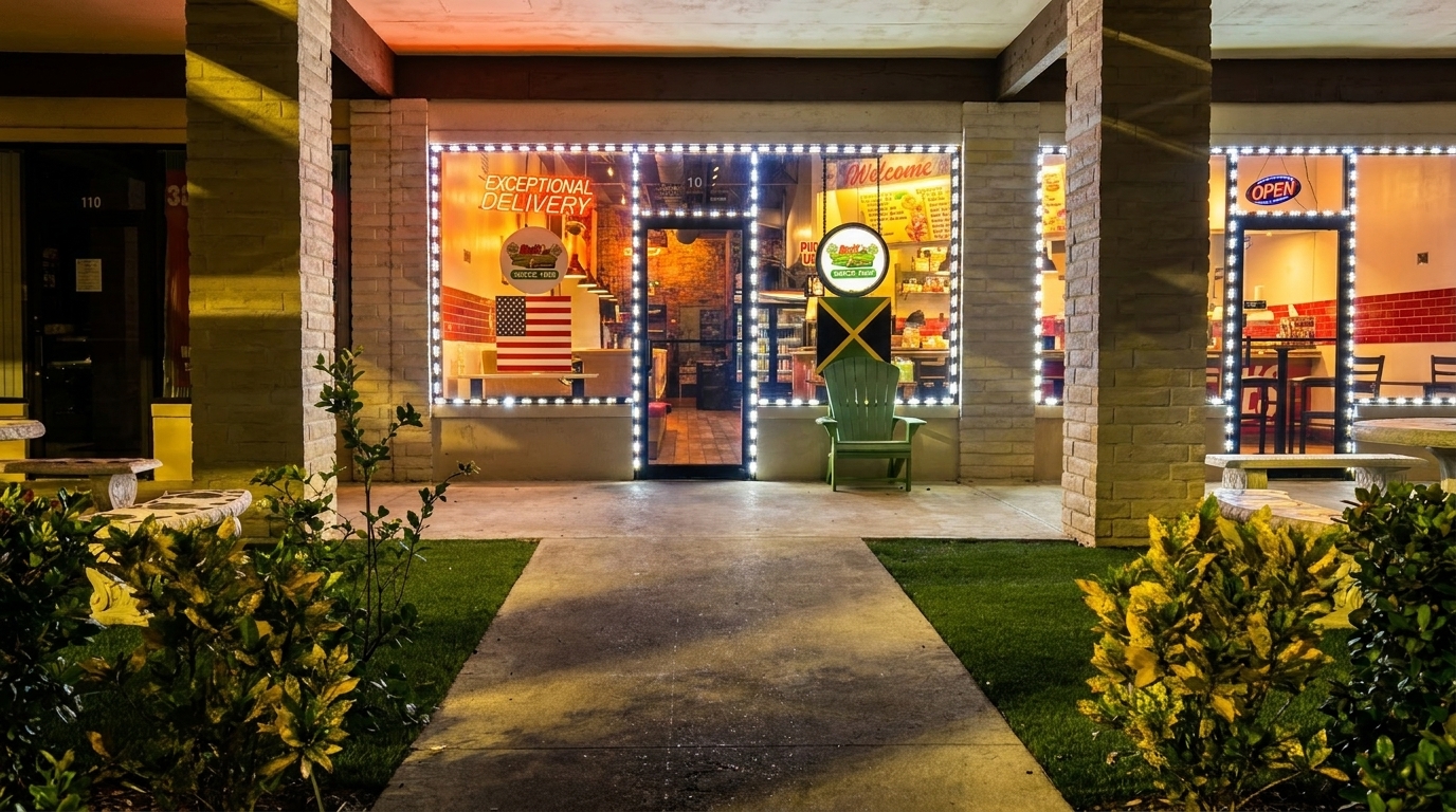 Exterior night view of a restaurant with bright window lights, an American flag, and a Jamaican flag.