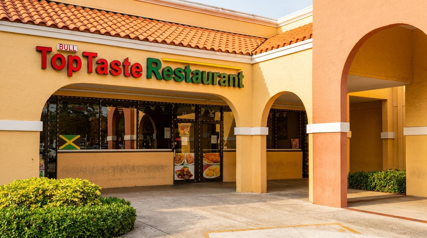Exterior of Bull Top Taste Restaurant, a Jamaican eatery with a red tile roof and yellow facade.