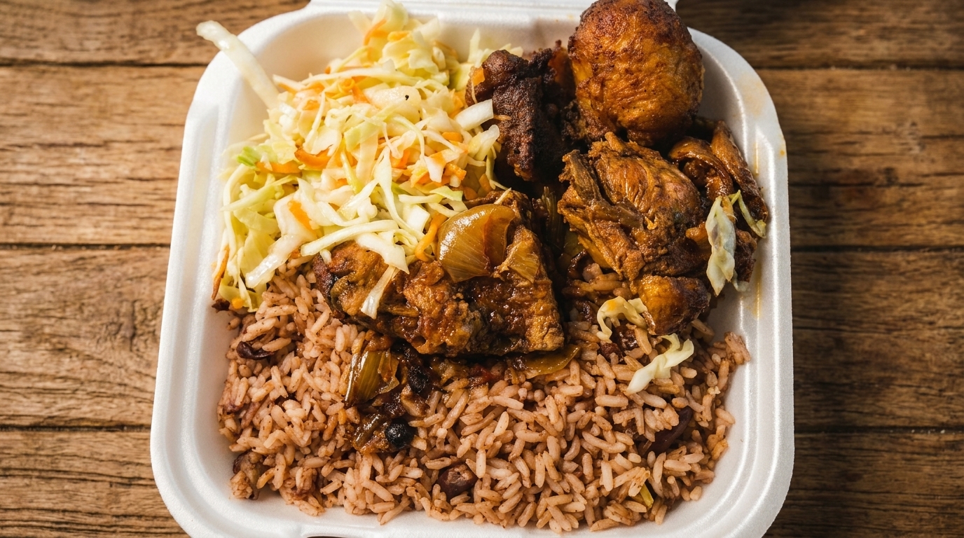 A takeout container filled with rice and peas, brown stew chicken, and coleslaw on a wooden table.