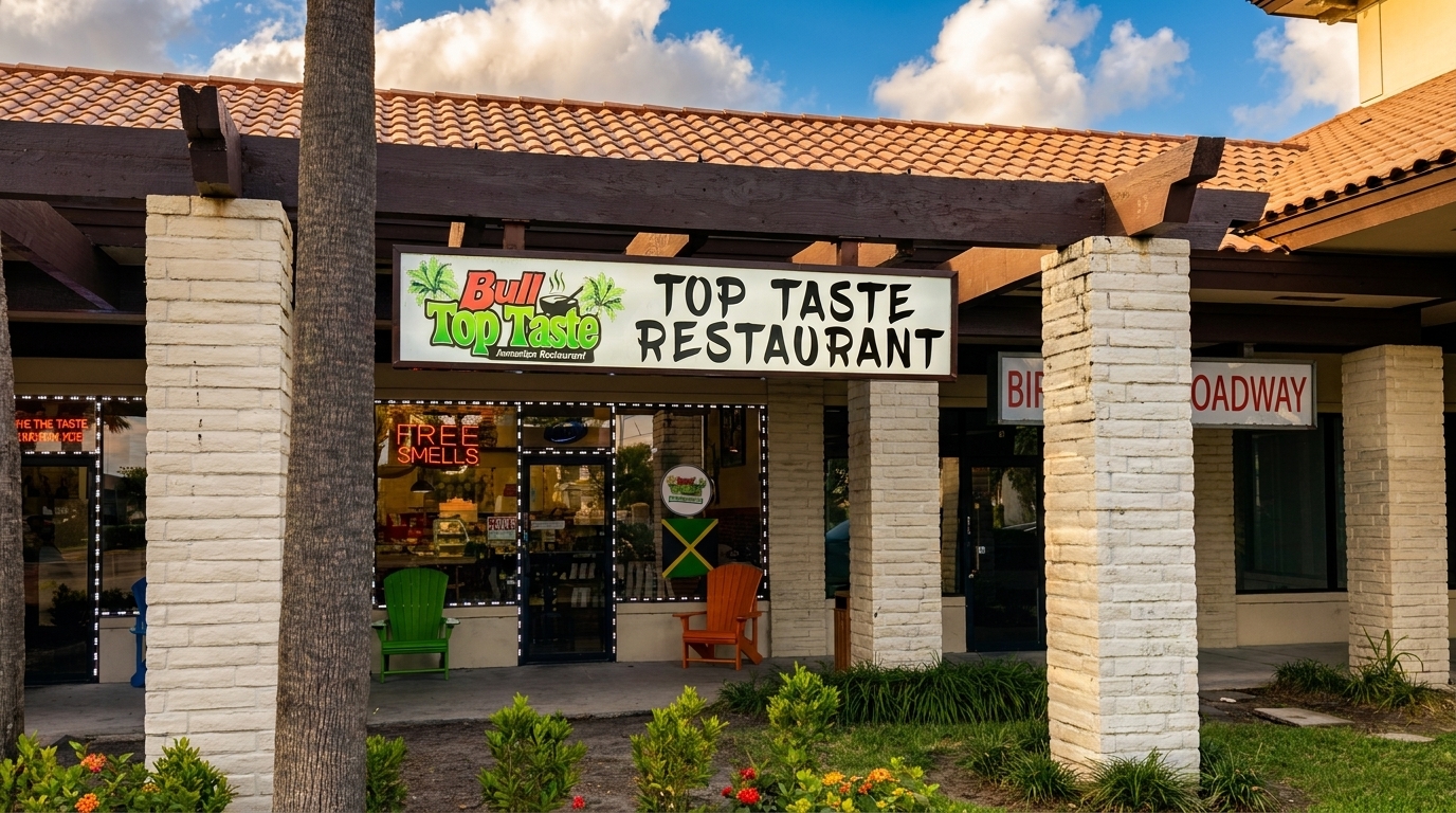 Exterior view of Bull Top Taste Restaurant with a sign, storefront, and outdoor chairs outside chairs, and landscaping.