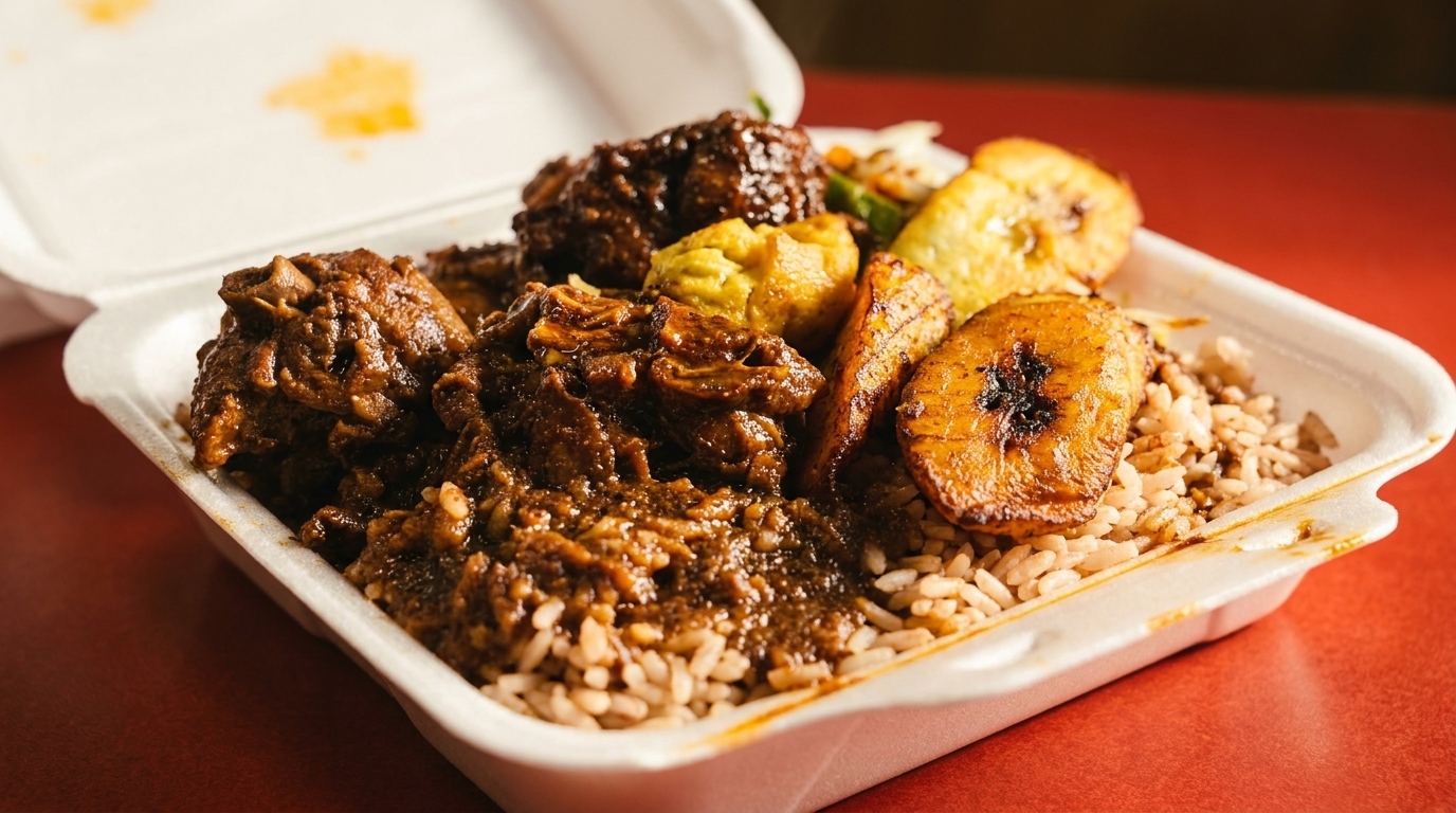 Stewed oxtail and rice with fried plantains and dumplings in a takeout container.