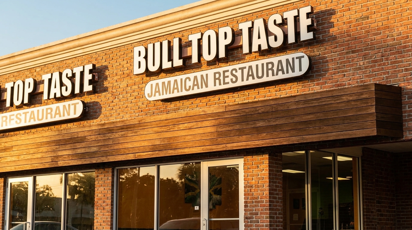 Exterior of Bull Top Taste Jamaican Restaurant with brick facade, wooden awning, and large windows.