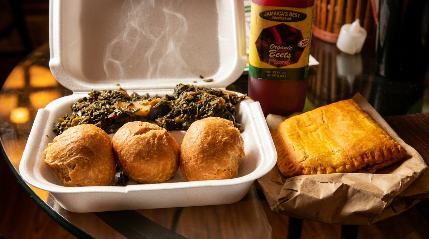 Steaming Jamaican food in a takeout container with fried dumplings, callaloo, and a patty.