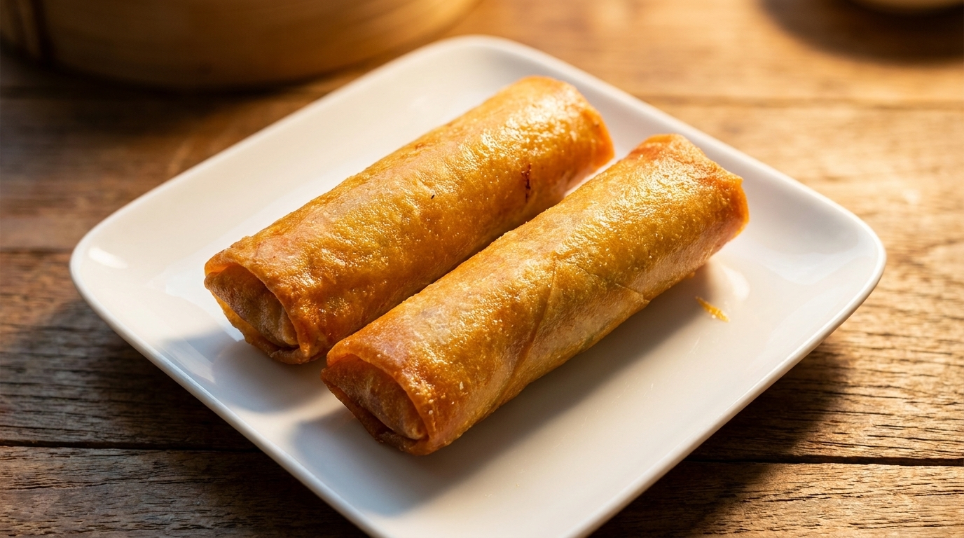Two crispy golden-brown spring rolls are served on a white rectangular plate on a wooden table.